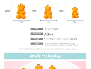 Tableau des tailles de breloques ours 3D en alliage montrant dimensions et poids variés