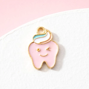 Cute pink tooth alloy charm with gold edges and smile face for DIY jewelry making