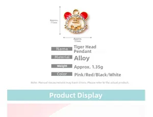 Detailed view of alloy tiger charms with rhinestones and size specifications 11mm