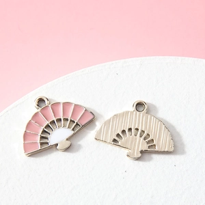 Pink enamel fan-shaped alloy pendant with gold frame for DIY jewelry making
