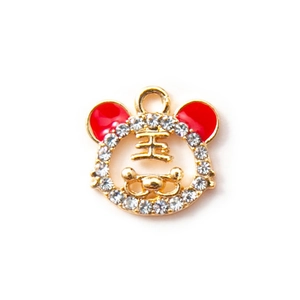 Golden tiger pendant with red enamel ears and sparkling rhinestones for jewelry making