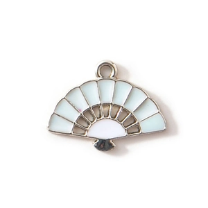 DIY enamel fan charm in pale green and white with silver metal loop for jewelry