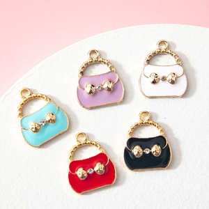 Mini Handbag Shape Alloy Enamel Charms For Jewelry Making Cute Rhinestone Bow Bag Pendant For Necklace Bracelet Women