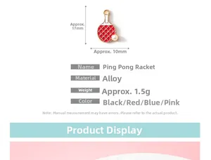 Detailed view of red ping pong paddle charm with dimensions 17mm by 10mm in alloy metal