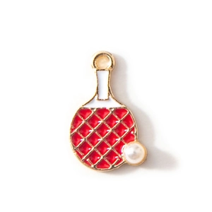 Enamel table tennis racket pendant with pearl detail and golden metal finish