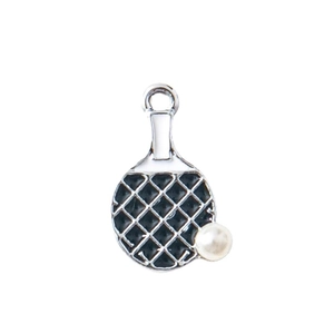 Silver plated ping pong paddle charm with black grid texture and faux pearl detail