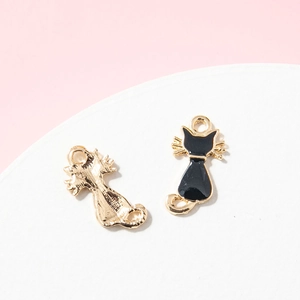 DIY alloy cat pendant charms with black enamel finish and gold plating for jewelry making