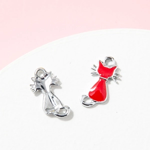 Cat silhouette alloy charms with red enamel and silver finish for DIY jewelry making