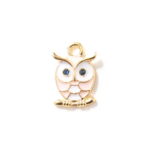 Pendentif hibou en alliage doré avec émail rose et blanc pour la création de bijoux DIY