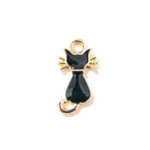 Golden alloy cat charm with black enamel finish and dual connection loops for DIY jewelry