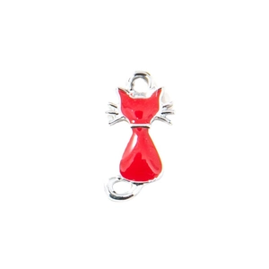 Cute red enamel cat charm with silver metal frame for DIY jewelry and necklaces