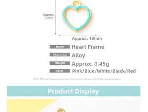 Macro detail of 14x13mm heart-shaped alloy pendant with light blue enamel drip frame