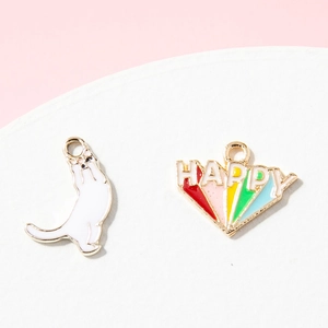 Pendentifs DIY en Alliage Émaillé Chat et Arc-en-ciel Happy Plaqués Or Goutte d'Huile Dessin Animé pour Création de Bijoux