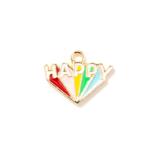 Pendentif en alliage en forme d'éventail avec émail arc-en-ciel et lettrage Happy