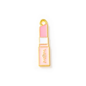 Lipstick pendant with pink enamel and gold trim featuring a WOW engraving for jewelry