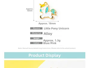 Detail view of 18x18mm cartoon unicorn alloy pendant with blue mane and gold edging