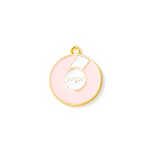 Pink and gold DIY enamel charm featuring a central WOW design and top attachment ring