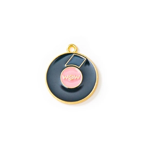Round alloy enamel charm with golden plating and pink black WOW text for DIY jewelry