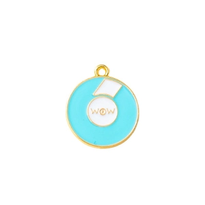 DIY gold alloy round WOW letter pendant with sky blue enamel for jewelry making
