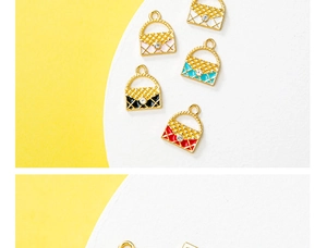 Detail of colorful enamel handbag charms with quilted texture and rhinestone inlay