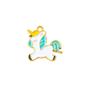 Cartoon unicorn pendant with yellow horn and blue hair for DIY jewelry making