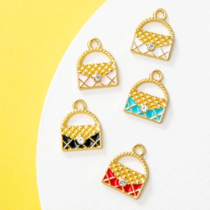 Alloy Handbag Charm Enamel Drip Quilted Pattern Rhinestone Pendant DIY Jewelry Accessory For Necklace Bracelet Keychain