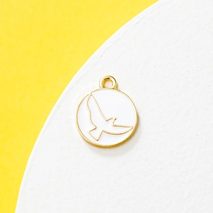 Minimalist round gold flying bird pendant with white enamel finish for DIY necklaces