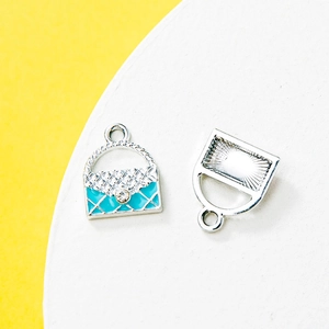 DIY silver-plated alloy handbag charm with blue enamel detail for jewelry making
