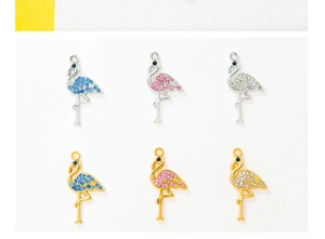 Detail showing six colorful flamingo alloy pendants with rhinestones in gold and silver finish