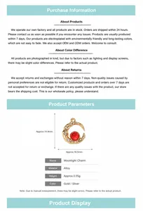 Detailed macro view showing the dimensions of the golden alloy moon pendant with red bead