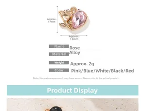 Detailed view of rose flower pendant with pink crystal and 17x13mm size dimensions