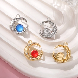 Moon shaped alloy pendants with aurora glass rhinestones for DIY jewelry making