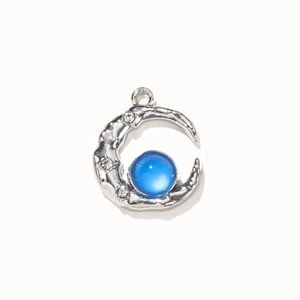 Aurora crescent moon alloy pendant with blue bead and rhinestones for DIY jewelry making