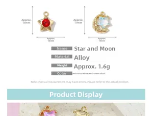 Vue détaillée de pendentifs étoile et lune en alliage avec gemmes et dimensions