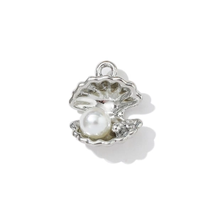 Colgante de concha plateada pulida con perla redonda para creación de joyas DIY