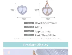 Detailed view of heart-shaped Eiffel Tower pendants with 18mm width and rhinestone accents