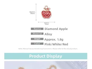 Détail du pendentif pomme en strass rouge 19mm en alliage doré avec dimensions