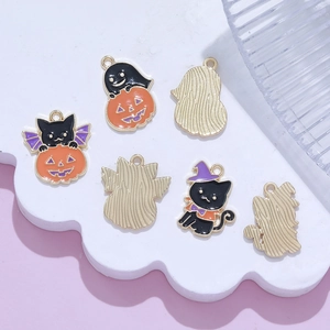 Pendentifs Halloween citrouille et chat noir pour création bijoux DIY et porte-clés