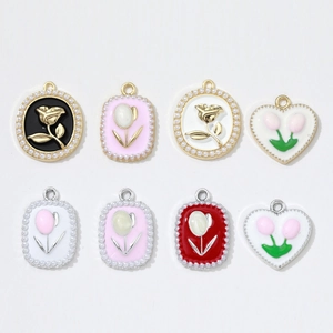 Floral pearl alloy charms set with roses and tulips for DIY jewelry making