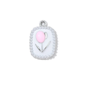 Pink tulip enamel pendant with white pearls and silver metal frame for DIY jewelry