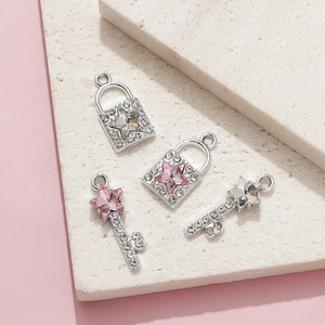 Exquisite star rhinestone lock and key charms in silver finish for DIY jewelry set