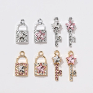 Exquisite key and square lock alloy pendants with sparkling rhinestones for DIY jewelry