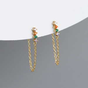 S925 silver tassel chain earrings with colorful round cubic zirconia in gold plating