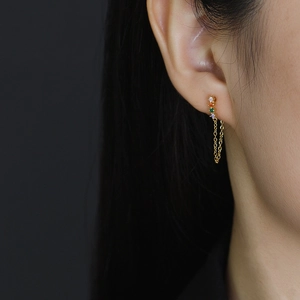 Elegant gold S925 silver tassel earrings with colorful zircons worn by a model