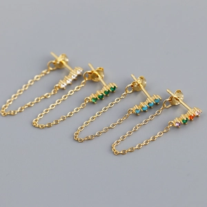925 Sterling Silver Colorful Zirconia Tassel Chain Stud Earrings For Women Geometric Fringe Drop Earrings Jewelry Gift