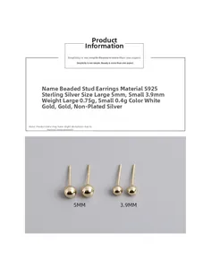 Detail van 5mm en 3,9mm S925 sterling zilveren kogeloorsteker in goud- en zilverkleur