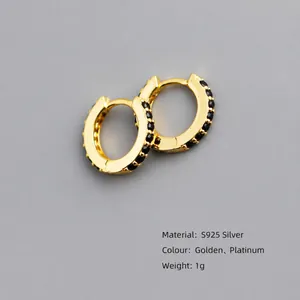 7mm S925 sterling silver gold plated hoop earrings with black zircon stones