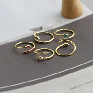 Detailed set of five adjustable S925 silver rings with colorful marquise-cut gemstones