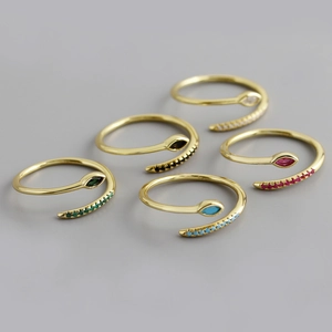 S925 Sterling Silver Marquise Cut Zirconia Adjustable Open Ring For Women Elegant Snake Shaped Colored Stone Bypass Ring