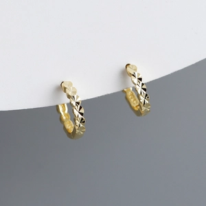 Detailed macro view of S925 sterling silver hoop earrings with faceted sun pattern